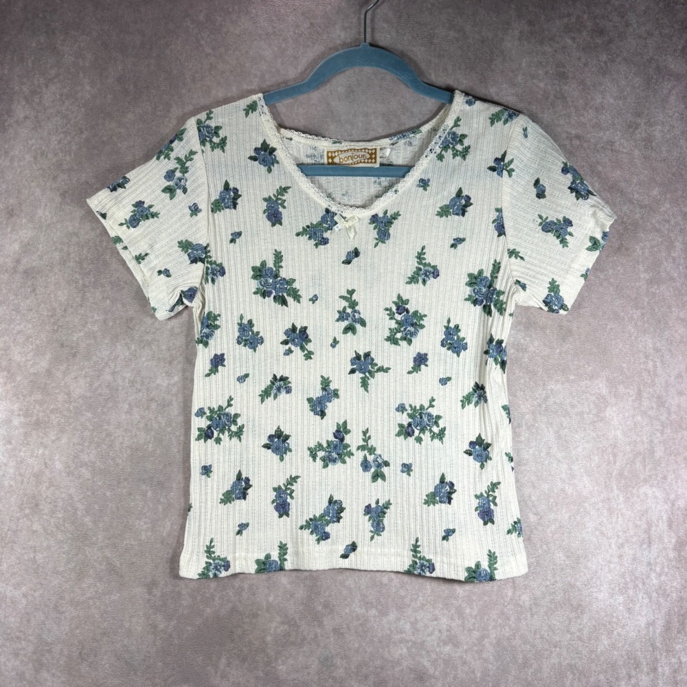 Vintage Bonjour Top Womens M White Blue Floral Pointelle Lace Trim Ribbed y2k